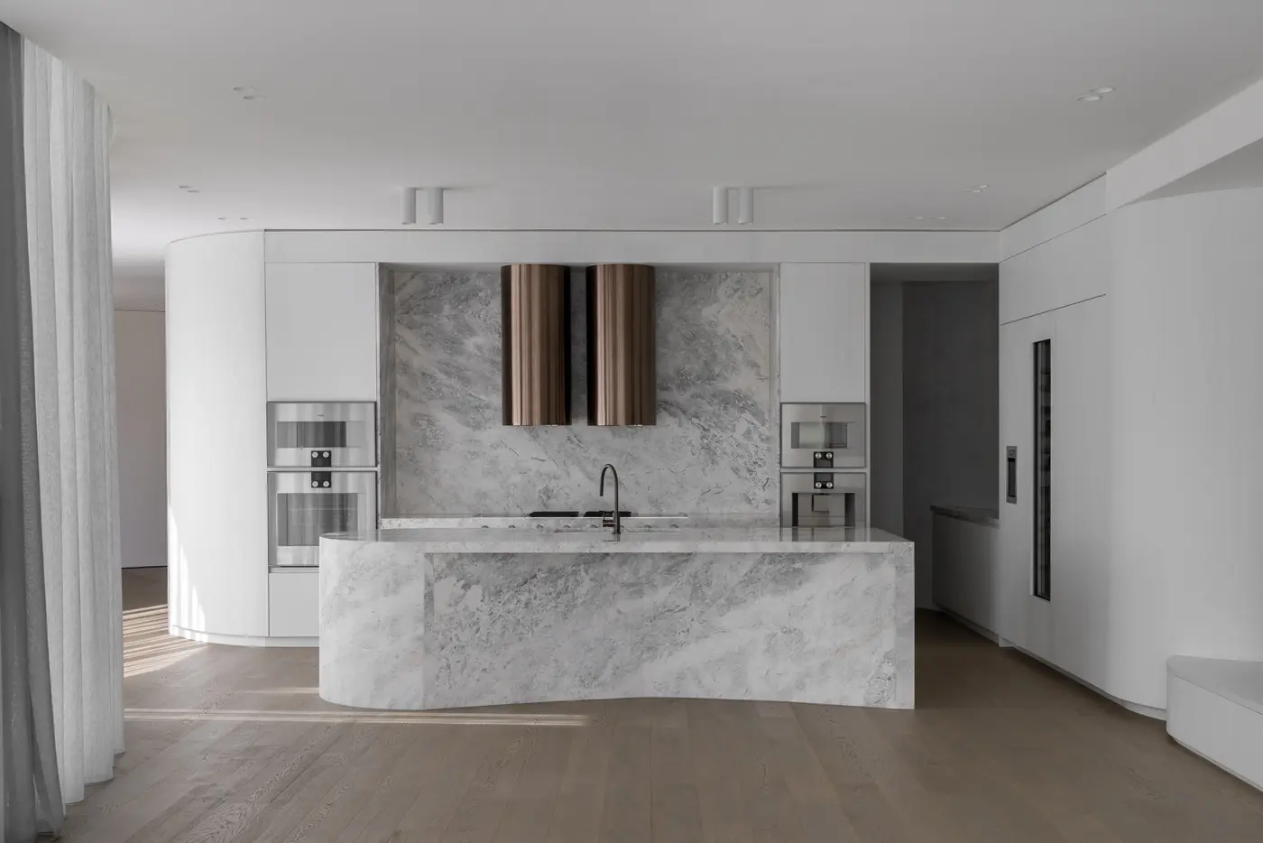 Silver White natural stone kitchen with island and splashback