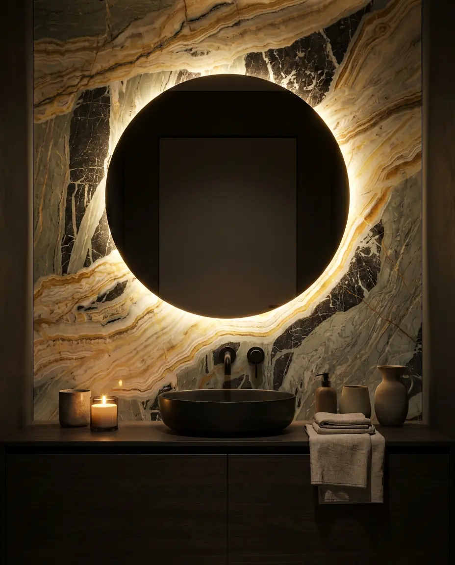 Spectrum Onyx vanity with illuminated stone feature wall