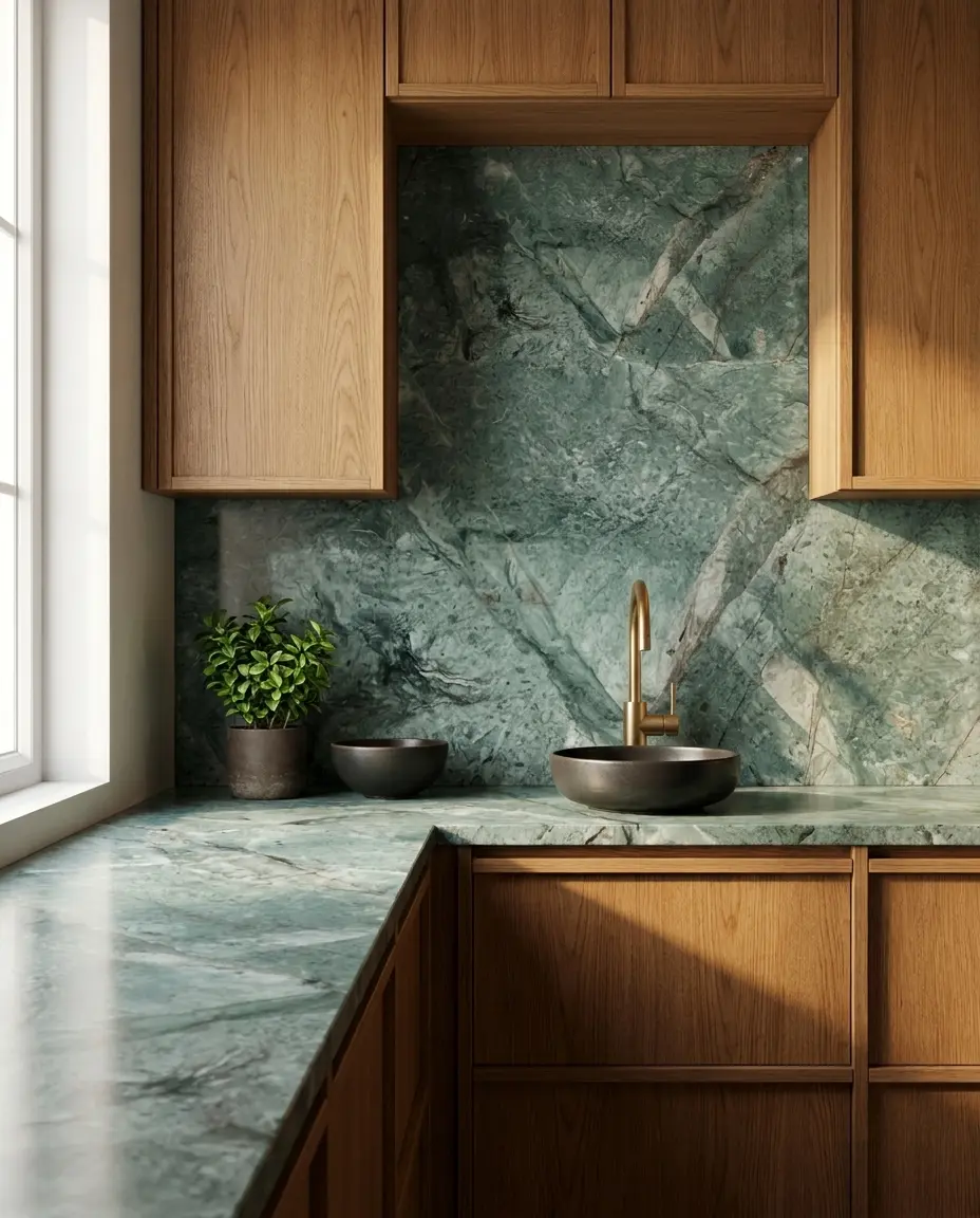 Turquoise Granite benchtop and splashback in timber kitchen