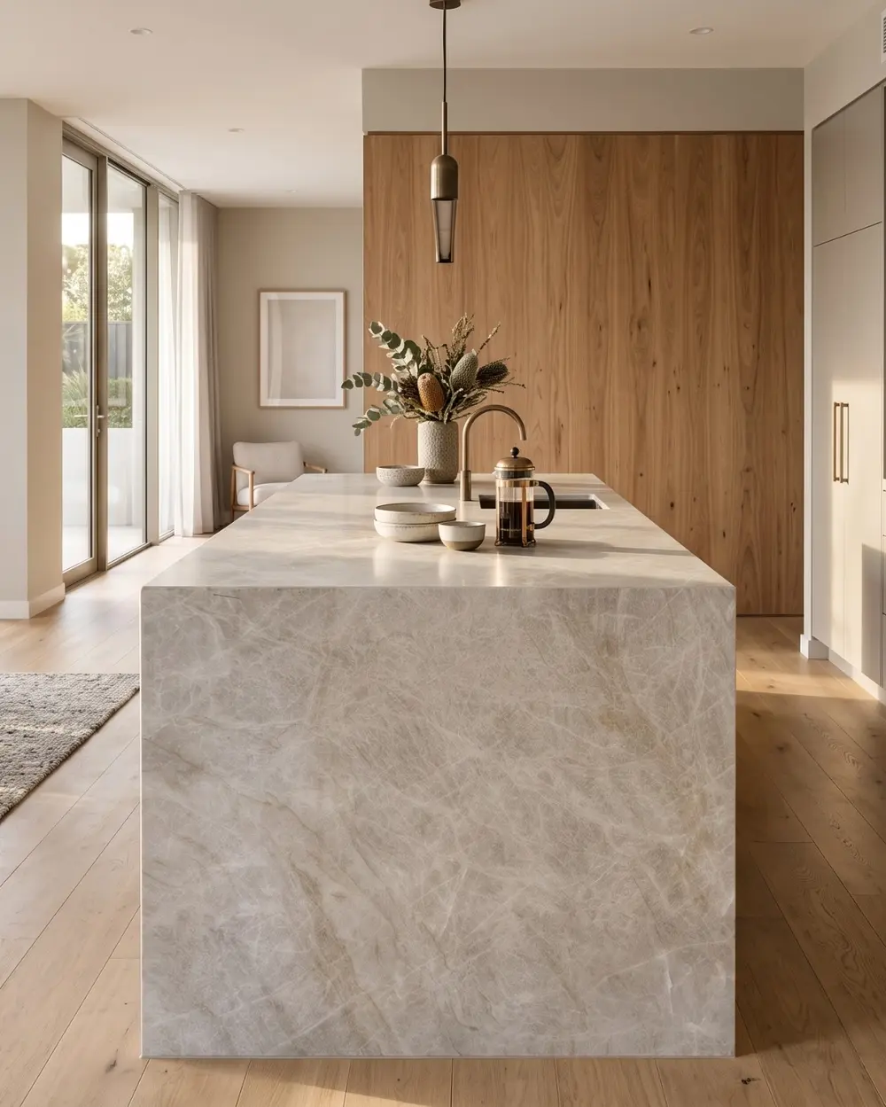 Natural stone kitchen benchtop in a contemporary Melbourne interior